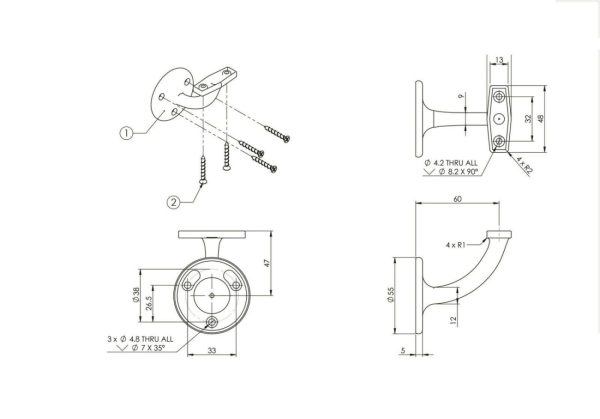 440 Stair Hand Rail Bracket Bracket Visible Fix 60Mm – Available In Various Finishes Dda Disabled Compliant