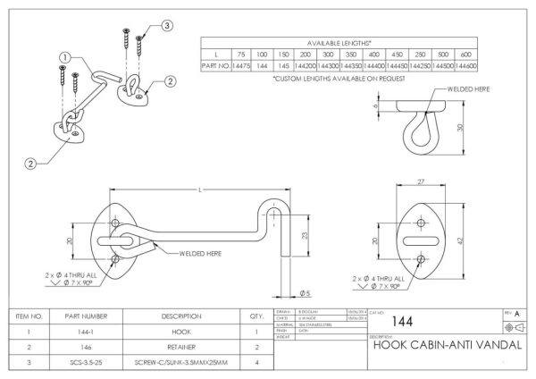 Anti-Vandal Cabin Hook Carded 100Mm Satin Stainless Steel 144Ss Door Chains & Guards