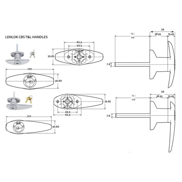 Cbs T Handle Garage Door Lock C4 Face Fix 75Mm Lth-Ff-C4-Dp Garage Door Locks