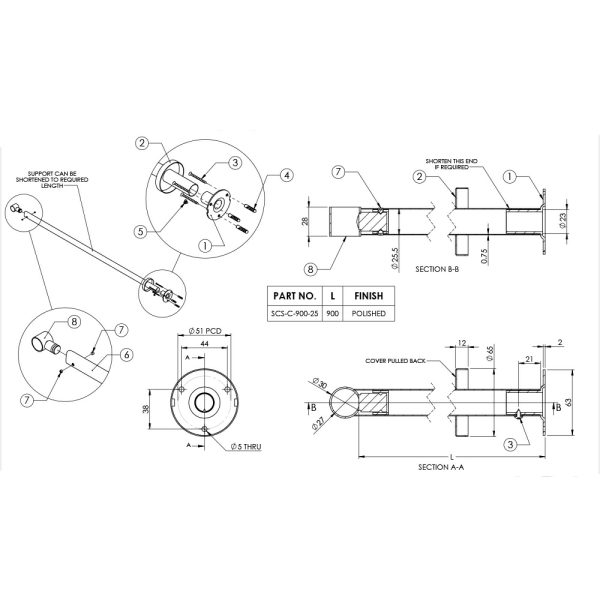 Ceiling Support Concealed 900Mm Polished Stainless Steel Scs25900 Locks & Accessories