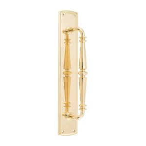 Restocking Soon: Eta Mid September – Sarlat Door Pull Handle On Backplate 380Mm Polished Brass 9340 Barn Door Hardware