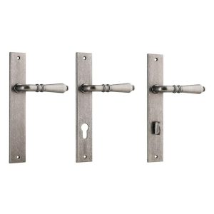 Sarlat Door Lever Handle On Rectangular Backplate Distressed Nickel – Customise To Your Needs Door Hardware