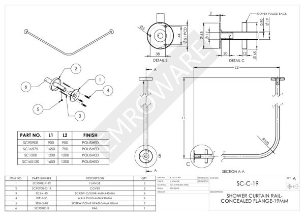 Sc165120 Shower Curtain Rail Polished Stainless Steel 1650X1200X19Mm Bathroom Accessories