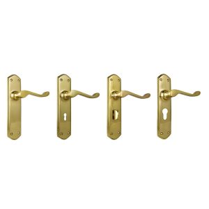 Windsor Lever Door Handle On Shouldered Backplate Polished Brass – Customise To Your Needs Brass Door Handles